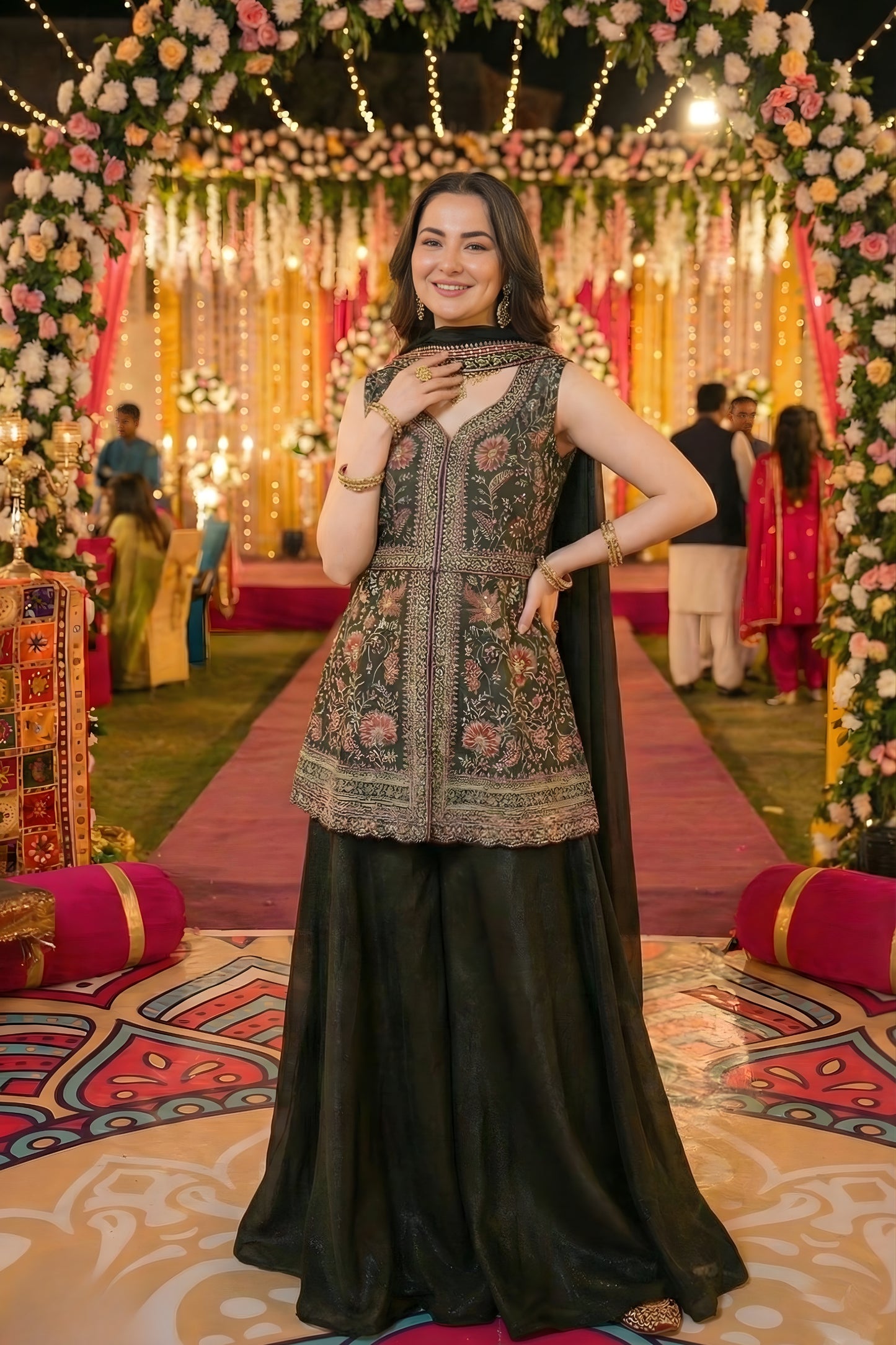 Nawabi Dark Green Embroidered Georgette Sharara Suit with Dupatta for Wedding