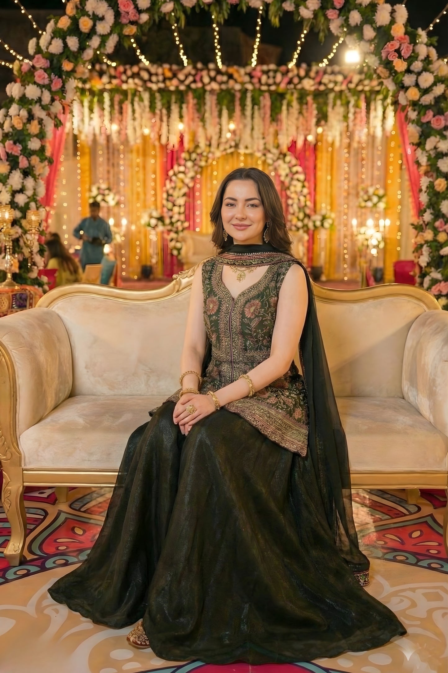 Nawabi Dark Green Embroidered Georgette Sharara Suit with Dupatta for Wedding