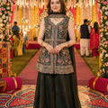 Nawabi Dark Green Embroidered Georgette Sharara Suit with Dupatta for Wedding