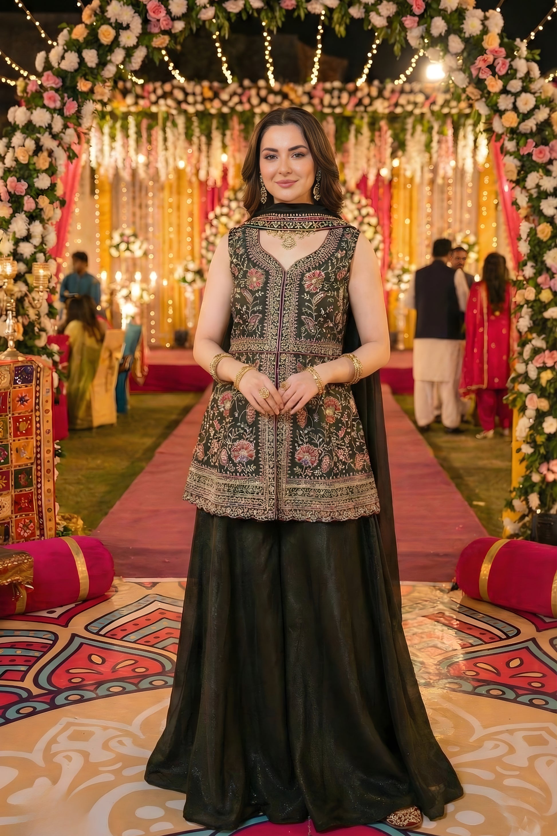 Nawabi Dark Green Embroidered Georgette Sharara Suit with Dupatta for Wedding
