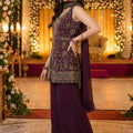 Latest Wine Embroidered Georgette Sharara Suit with Dupatta for Wedding