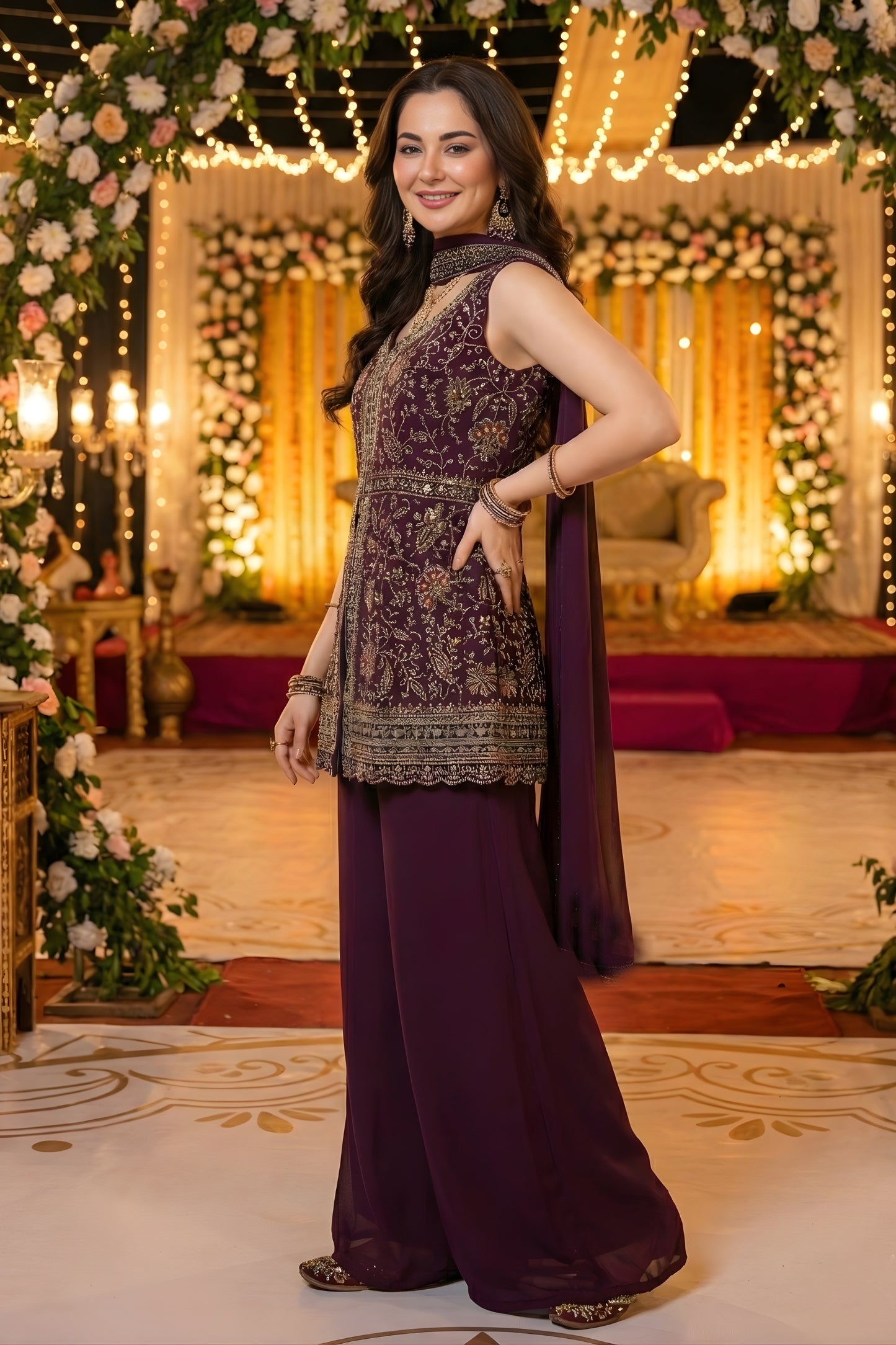 Latest Wine Embroidered Georgette Sharara Suit with Dupatta for Wedding