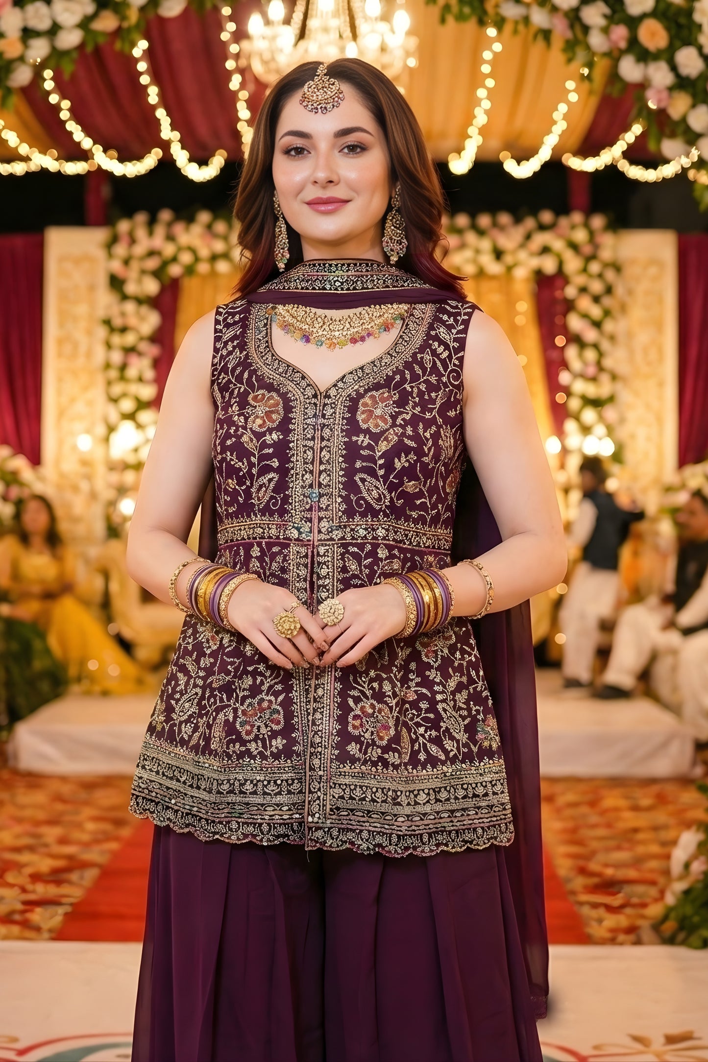 Latest Wine Embroidered Georgette Sharara Suit with Dupatta for Wedding