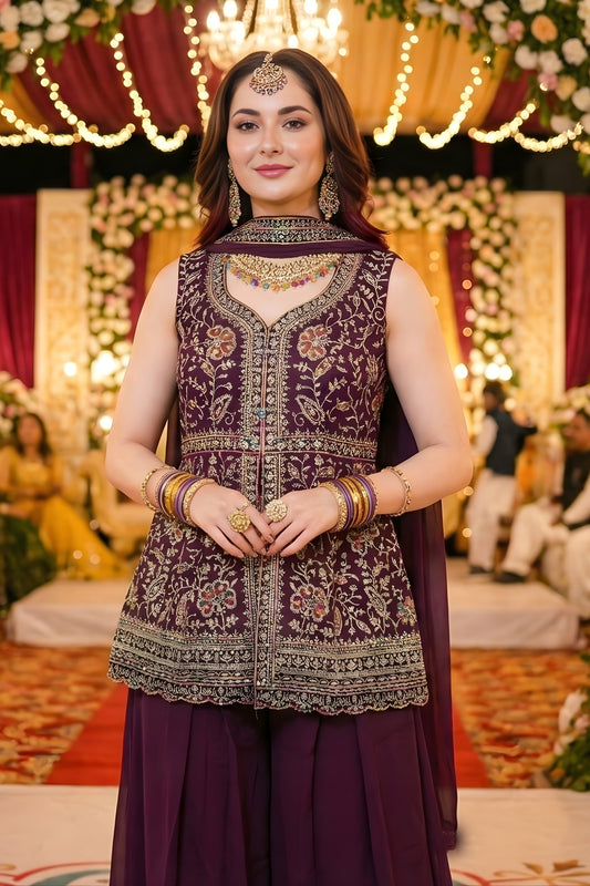Latest Wine Embroidered Georgette Sharara Suit with Dupatta for Wedding