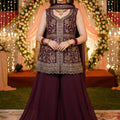 Latest Wine Embroidered Georgette Sharara Suit with Dupatta for Wedding