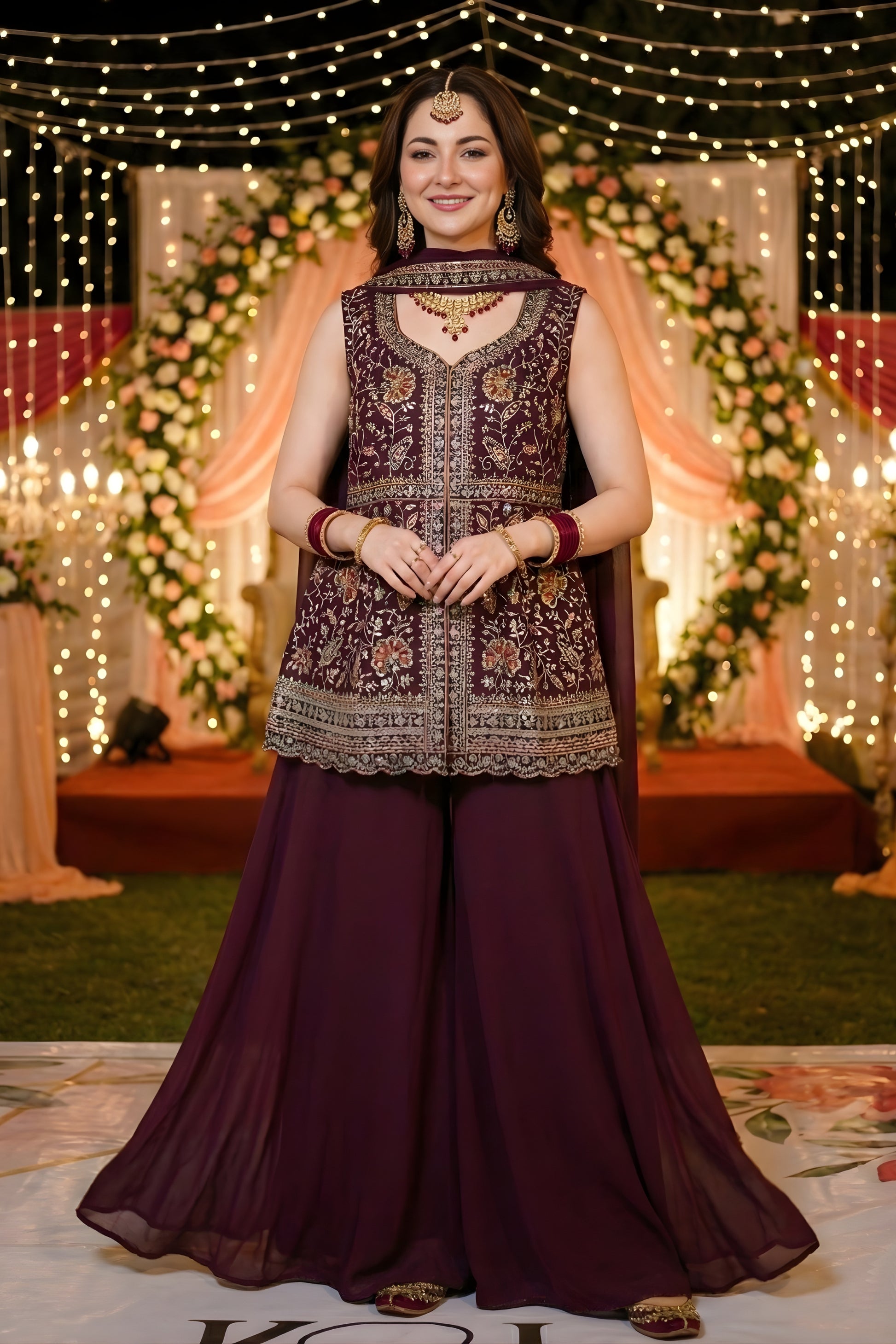 Latest Wine Embroidered Georgette Sharara Suit with Dupatta for Wedding