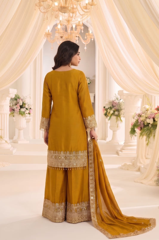 Stylish Mustard Yellow Chinon Embroidery Work Palazzo Suit Dupatta for Women