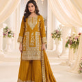 Stylish Mustard Yellow Chinon Embroidery Work Palazzo Suit Dupatta for Women