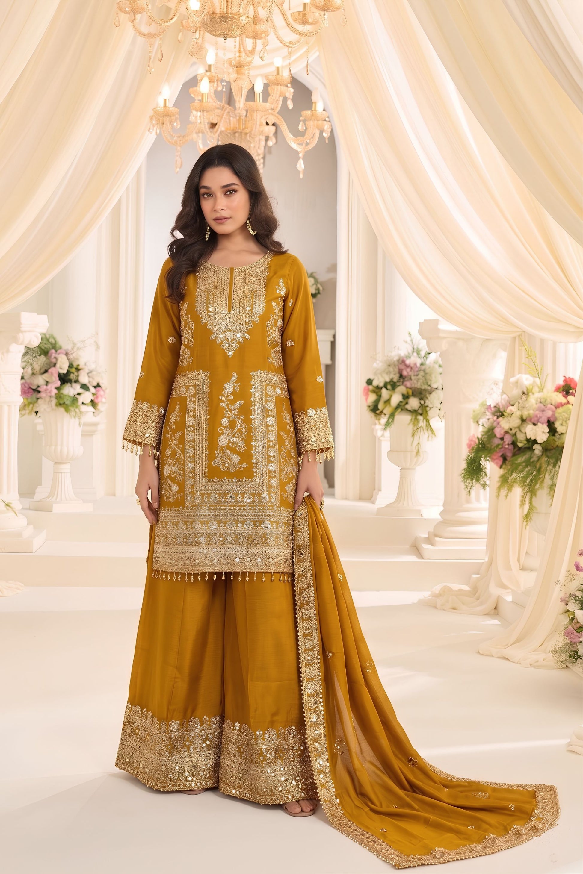 Stylish Mustard Yellow Chinon Embroidery Work Palazzo Suit Dupatta for Women