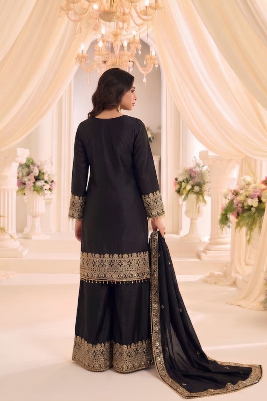 Luxury Black Chinon Embroidery Work Palazzo Suit Dupatta for Women