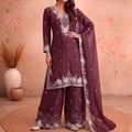 Luxury Wine Chiffon Palazzo Suit Beads Embroidery Sequence Work Dupatta