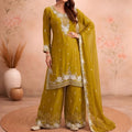 Luxury Mustard Yellow Chiffon Palazzo Suit Beads Embroidery Sequence Work Dupatta