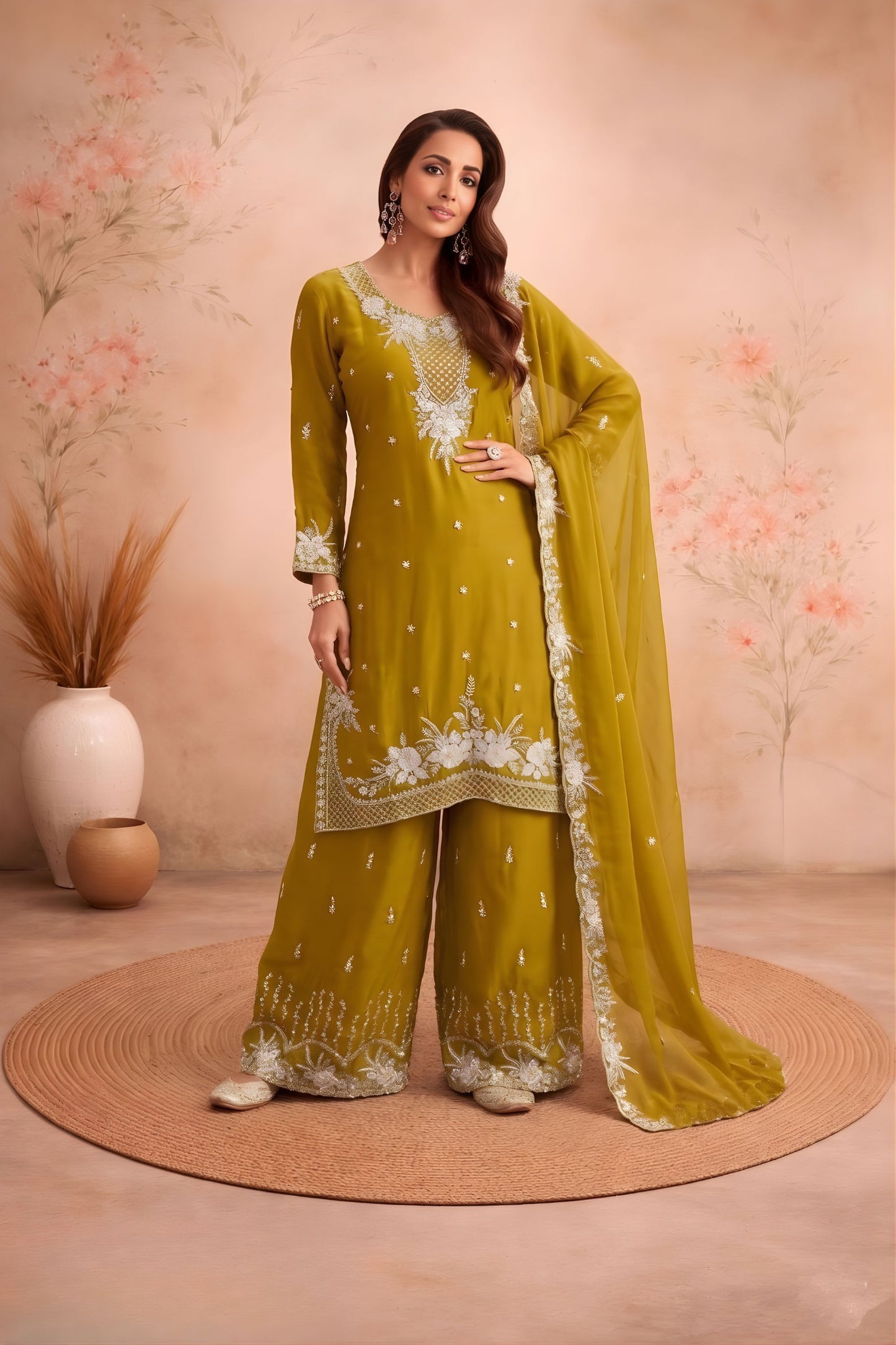 Luxury Mustard Yellow Chiffon Palazzo Suit Beads Embroidery Sequence Work Dupatta