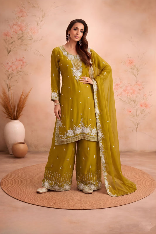 Luxury Mustard Yellow Chiffon Palazzo Suit Beads Embroidery Sequence Work Dupatta