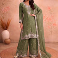 Royal Sage Green Chiffon Palazzo Suit Beads Embroidery Sequence Work Dupatta