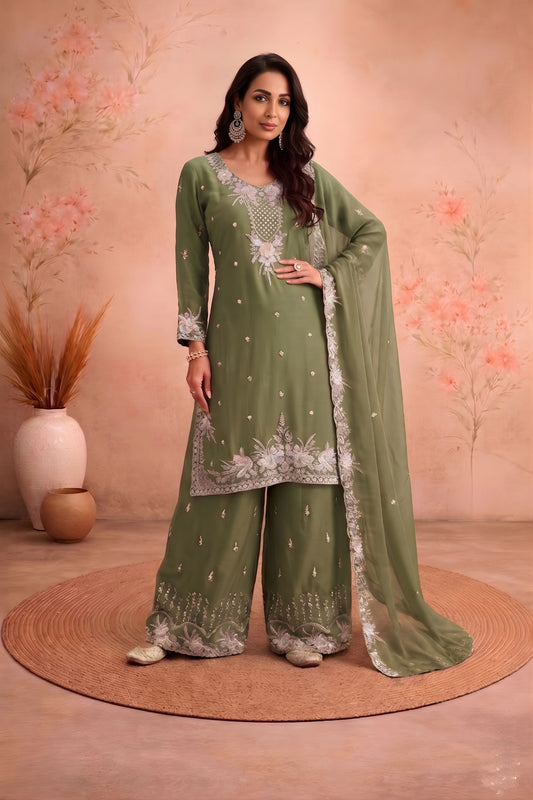 Royal Sage Green Chiffon Palazzo Suit Beads Embroidery Sequence Work Dupatta
