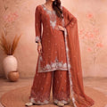 Rust Orange Chiffon Palazzo Suit Beads Embroidery Sequence Work Dupatta