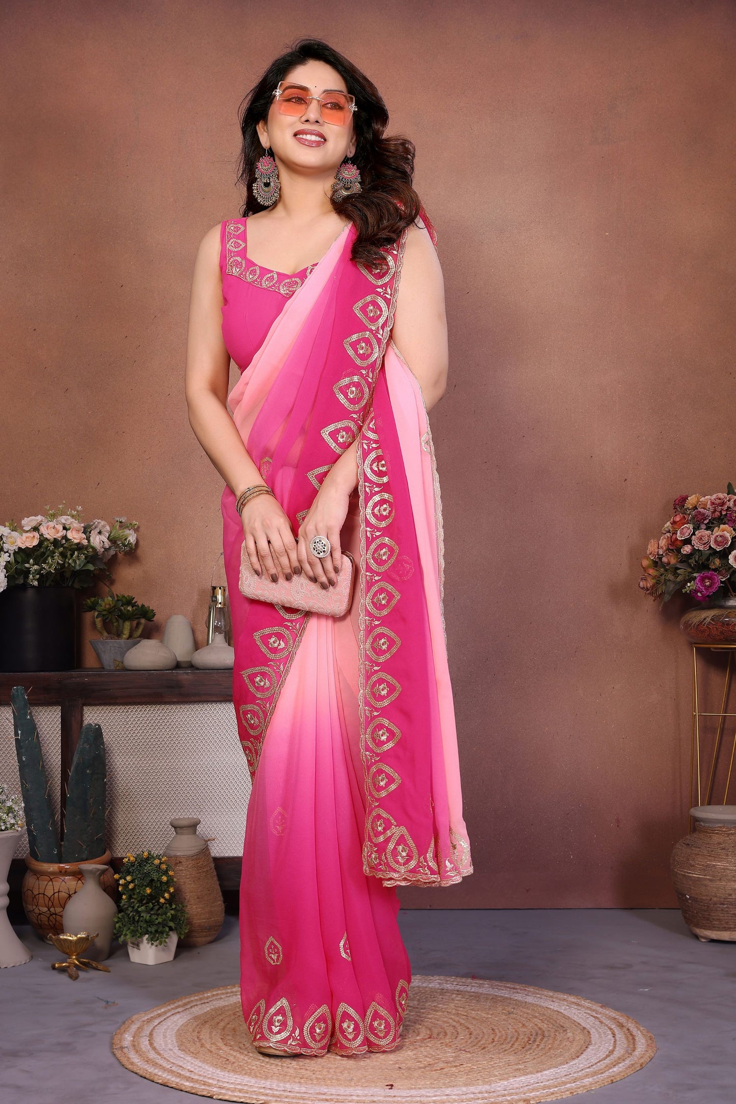 Pink Ombre Georgette Saree with Embroidered Border Work