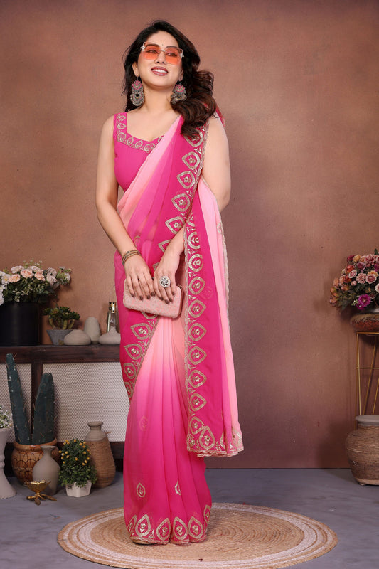 Pink Ombre Georgette Saree with Embroidered Border Work