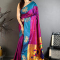 Magenta Teal Blue Soft Silk Paithani Saree Peacock Designer Pallu