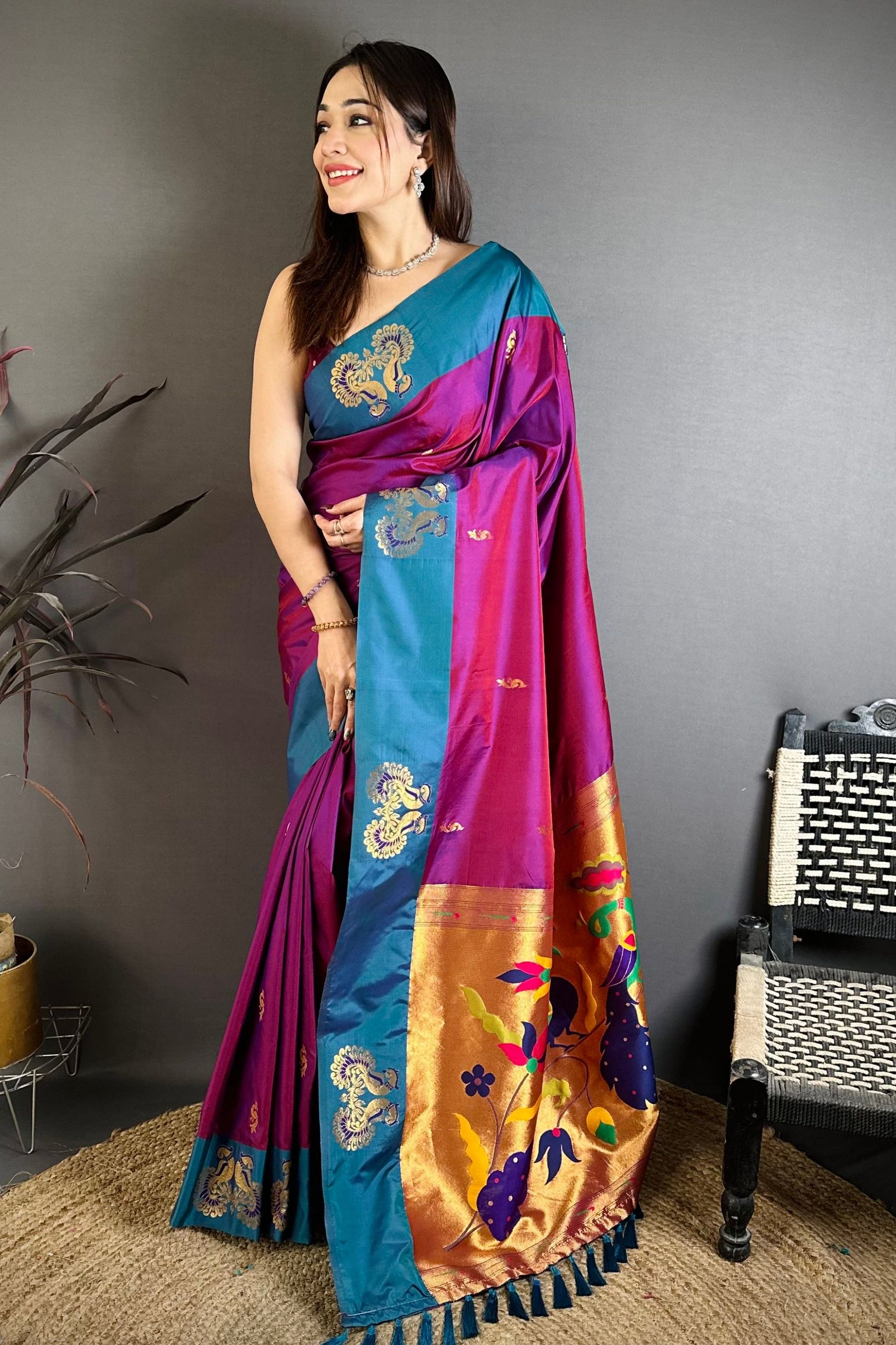 Magenta Teal Blue Soft Silk Paithani Saree Peacock Designer Pallu