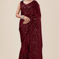 Wine Maroon Net Saree with Heavy Sequins Embroidery Designer Blouse