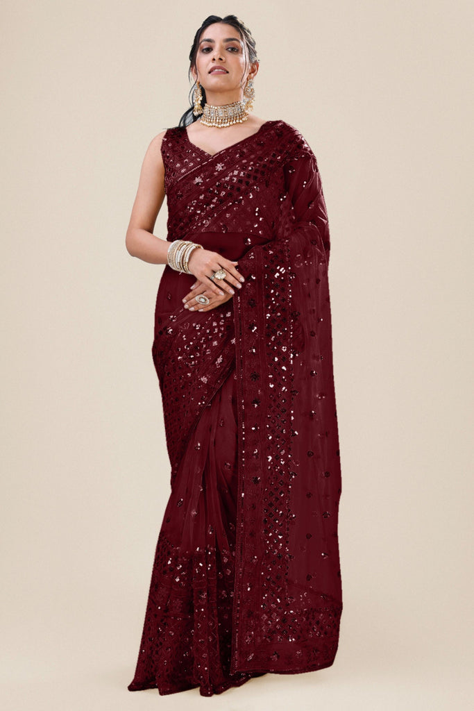Wine Maroon Net Saree with Heavy Sequins Embroidery Designer Blouse