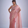 Peach Pink Tissue Silk Saree with Zari Embroidery Designer Blouse