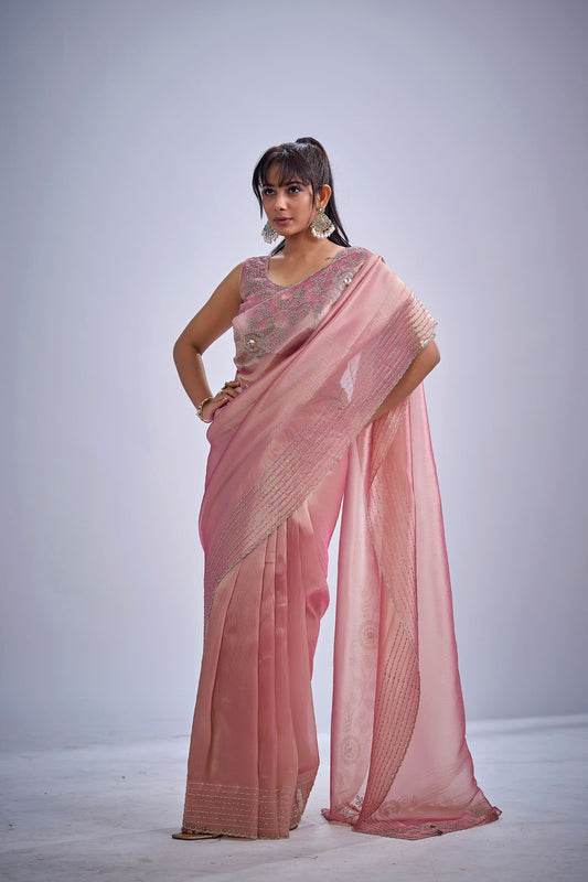 Peach Pink Tissue Silk Saree with Zari Embroidery Designer Blouse