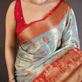 Sky Blue Orange Kanjivaram Silk Saree Traditional Zari Woven Saree