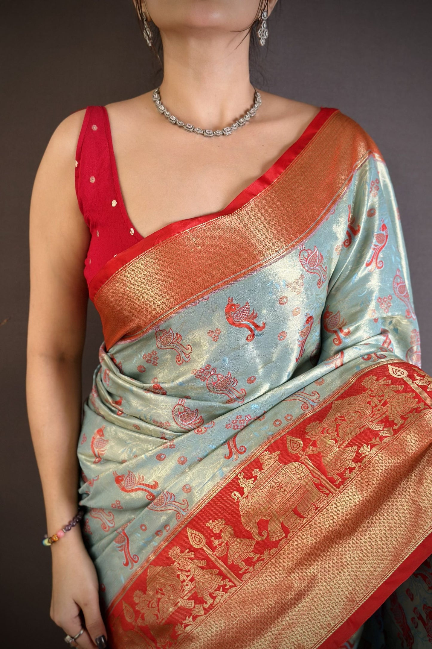 Sky Blue Orange Kanjivaram Silk Saree Traditional Zari Woven Saree
