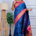 Royal Blue Kanjivaram Silk Saree with Pink Border Gold Zari Butti Work