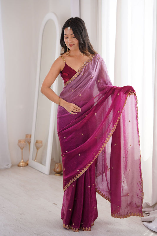 Magenta Organza Saree Golden Butti Work Embroidered Border
