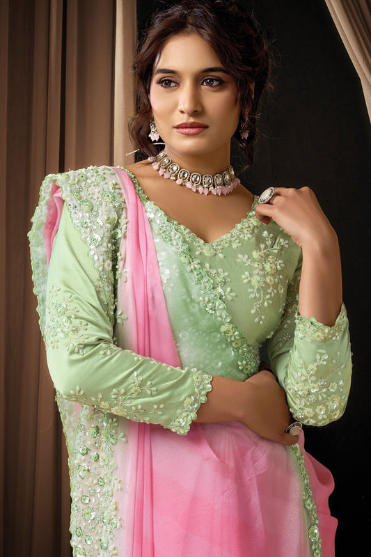 Pink Mint Green Embroidered Designer Saree with Fancy Blouse