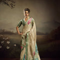 Cream Linen Silk Saree Mint Green Floral Digital Print Designer Tassel Pallu