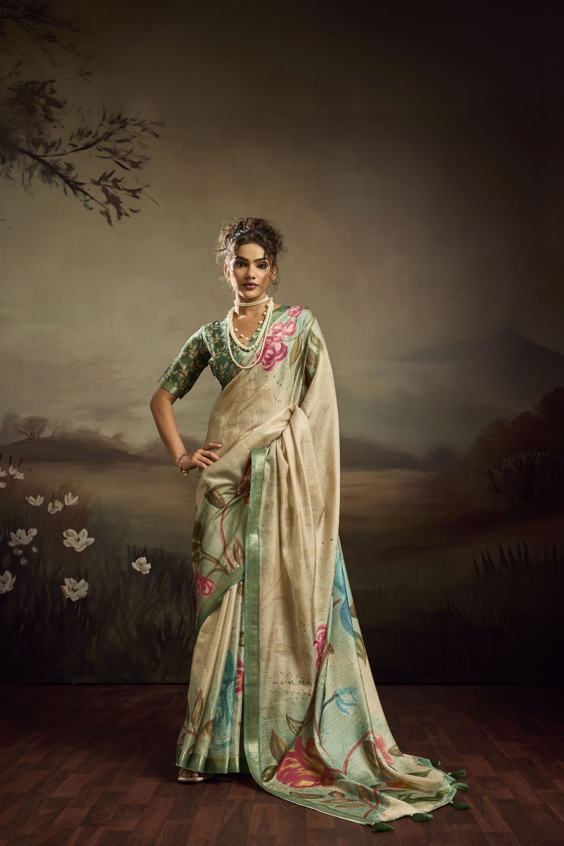 Cream Linen Silk Saree Mint Green Floral Digital Print Designer Tassel Pallu