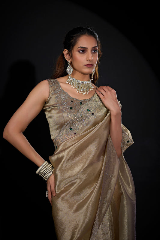 Gold Shimmer Silk Saree with Heavy Zari Stone Embroidered Border
