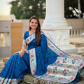 Royal Blue Floral Woven Linen Silk Saree Designer Peacock Border