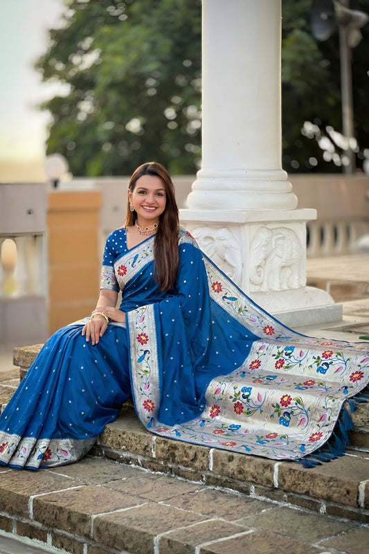Royal Blue Floral Woven Linen Silk Saree Designer Peacock Border