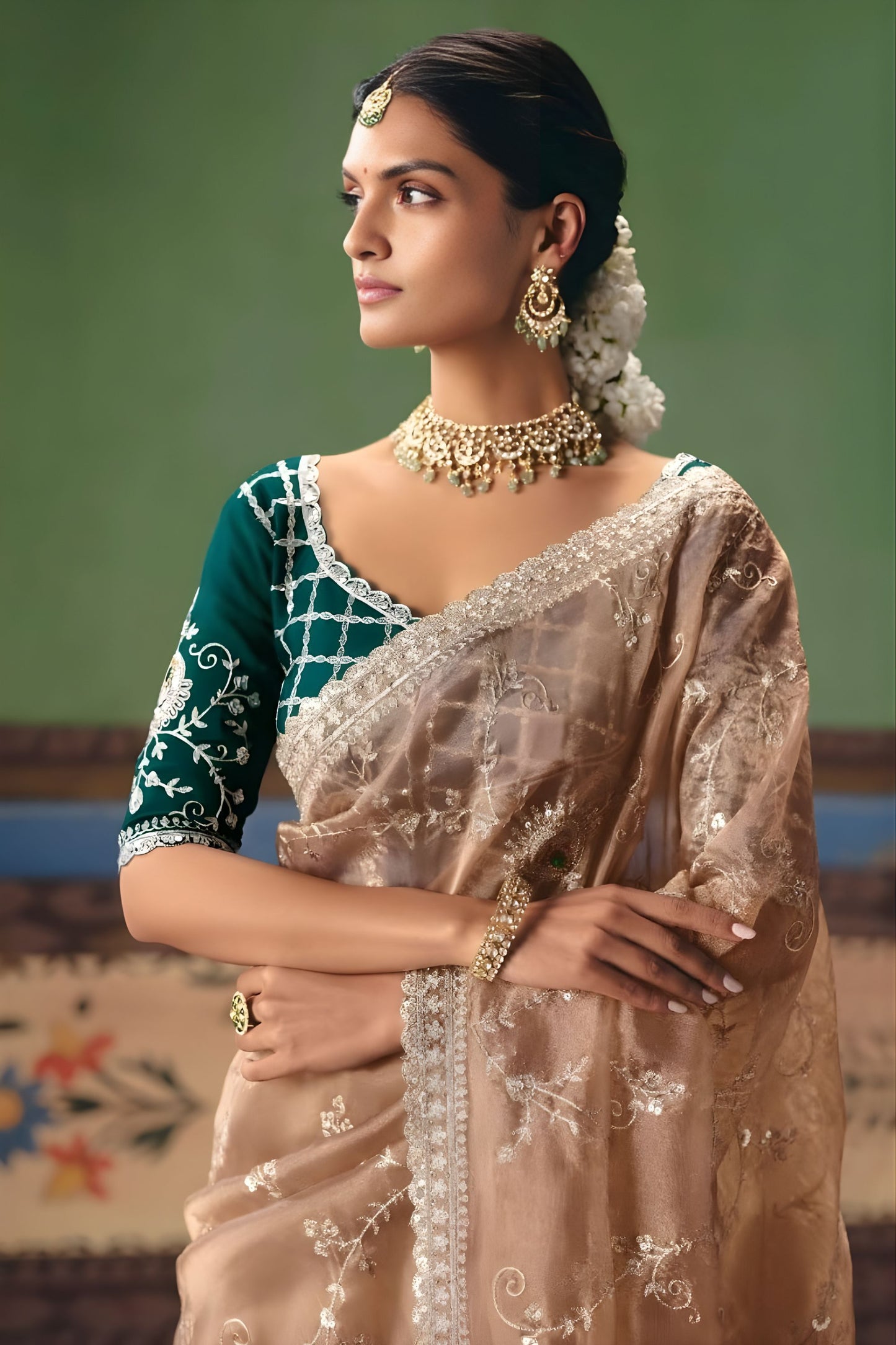 Champagne Brown Organza Silk Saree with Silver Embroidery Border