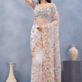 Elegant Grey Floral Embroidered Net Saree with Designer Border