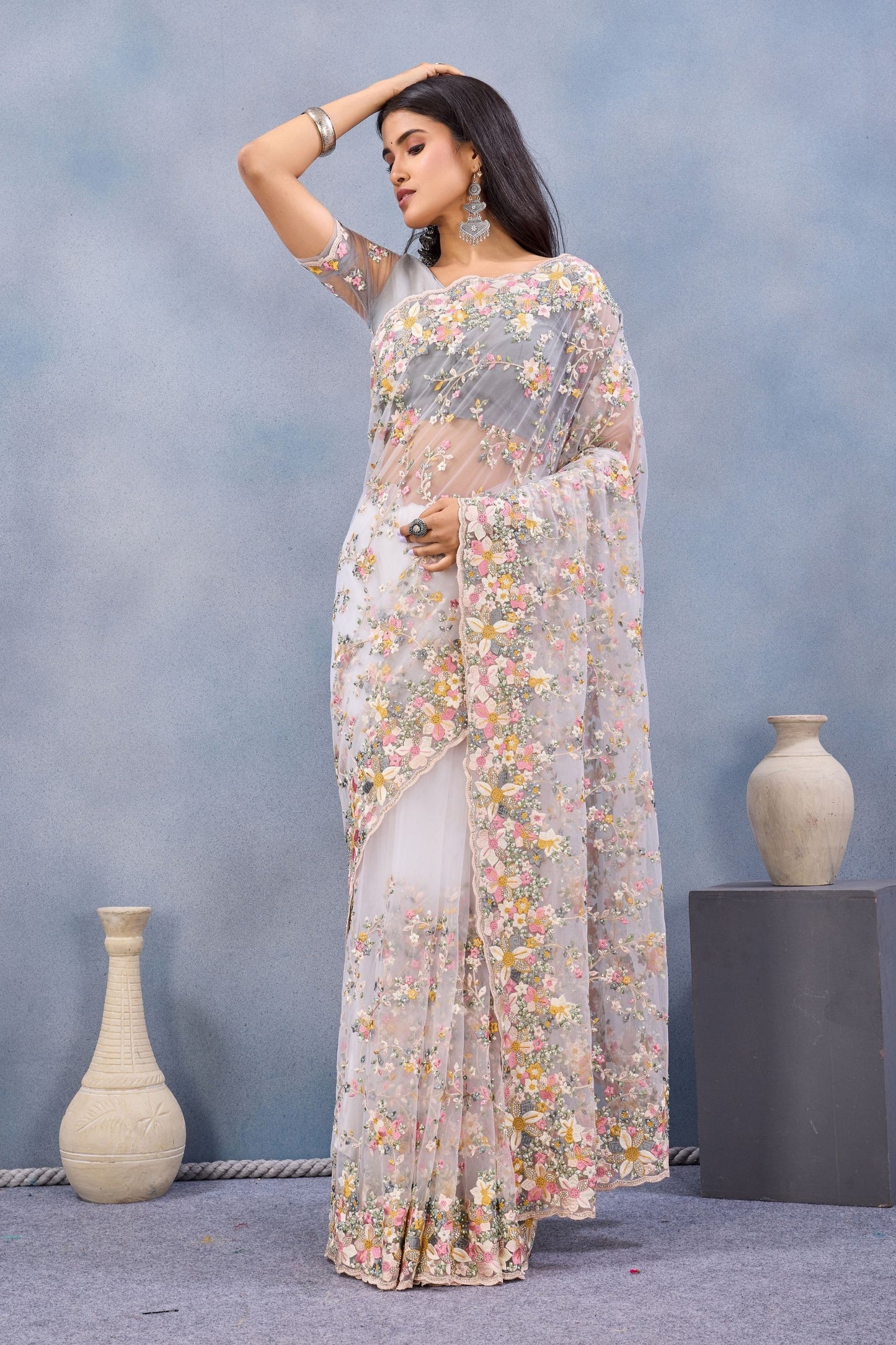 Elegant Grey Floral Embroidered Net Saree with Designer Border
