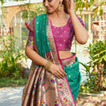 Bottle Green Silk Saree Pink Border Multicolor Peacock Zari Weaving Work