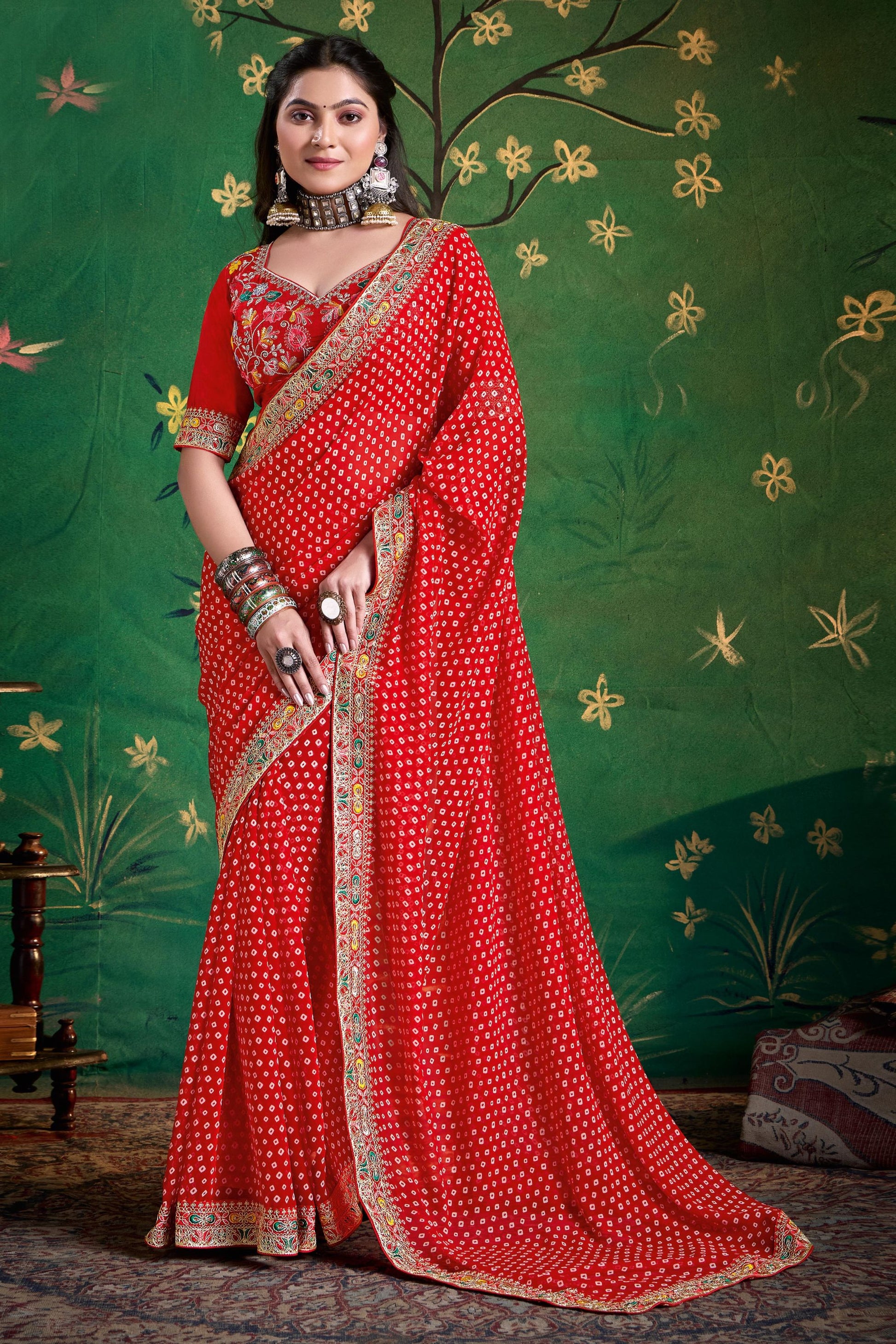 Red Bandhani Saree with Heavy Border Designer Blouse 