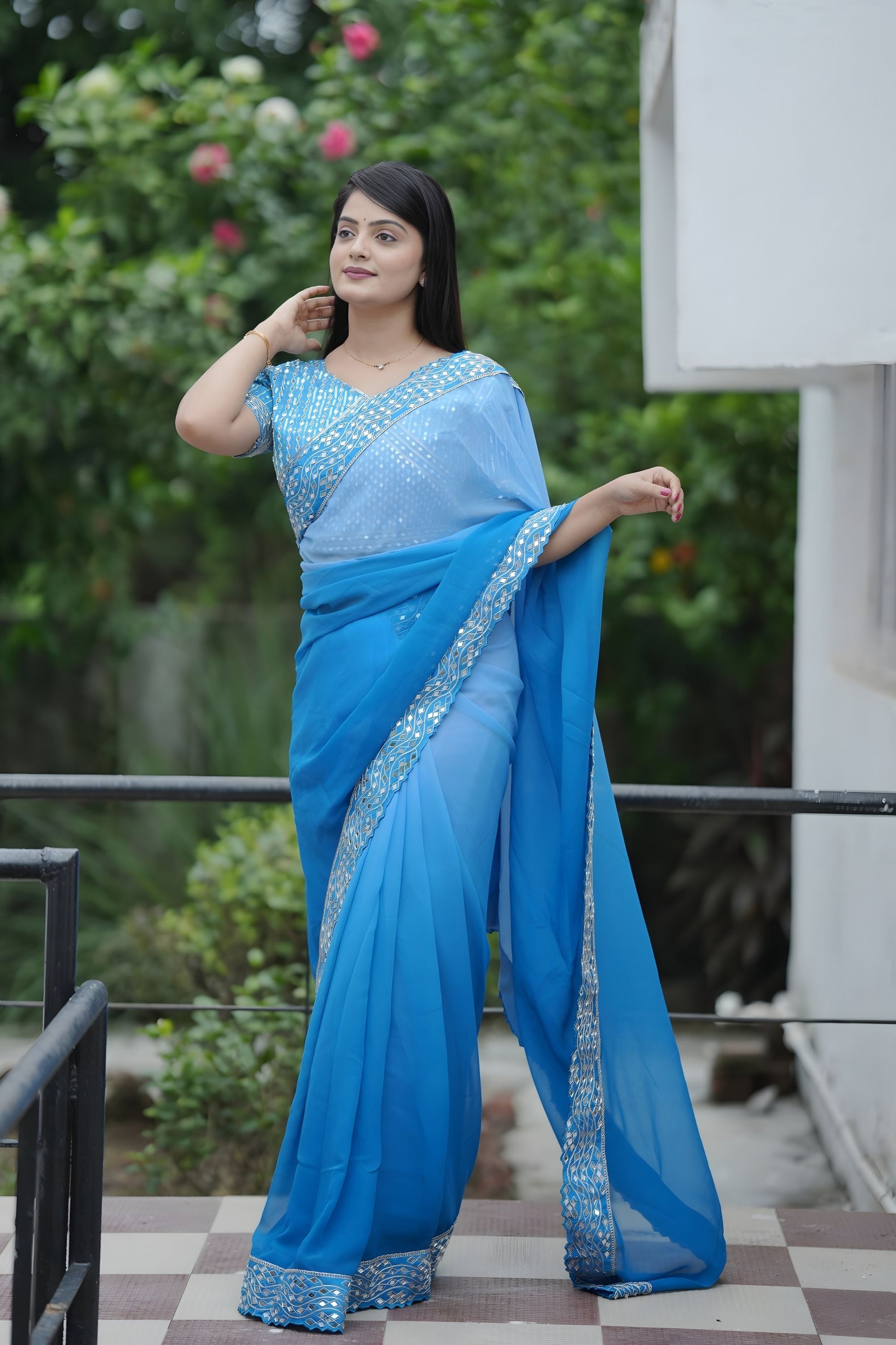 Sky Blue Georgette Saree with Embroidered Border Designer Blouse