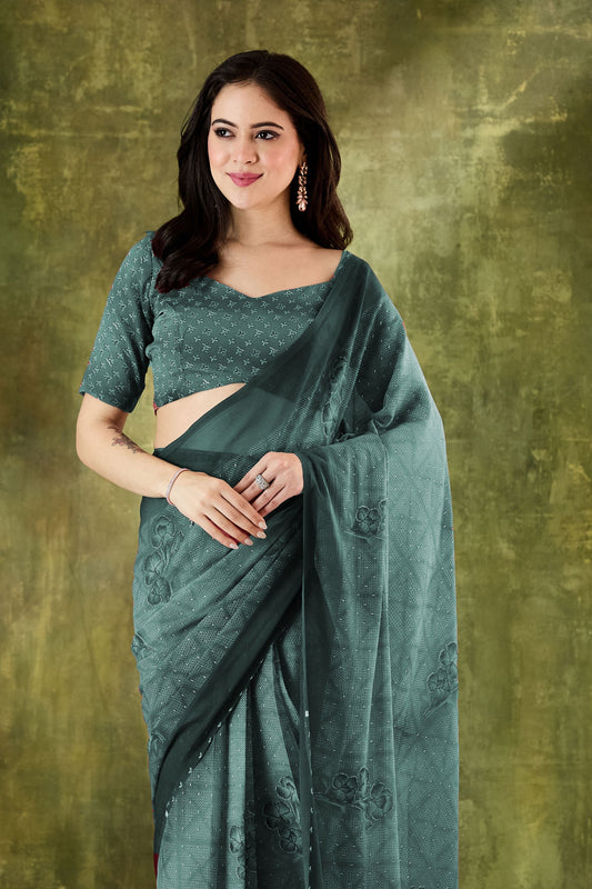 Teal Green Embroidered Designer Saree with Matching Blouse