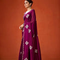 Wine Purple Embroidered Georgette Saree Floral Motifs Designer Border