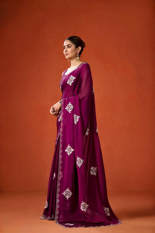 Wine Purple Embroidered Georgette Saree Floral Motifs Designer Border