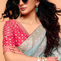 Sea Green Designer Saree Embroidered Border Contrast Blouse