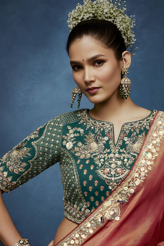 Peach Copper Embroidered Saree with Designer Blouse